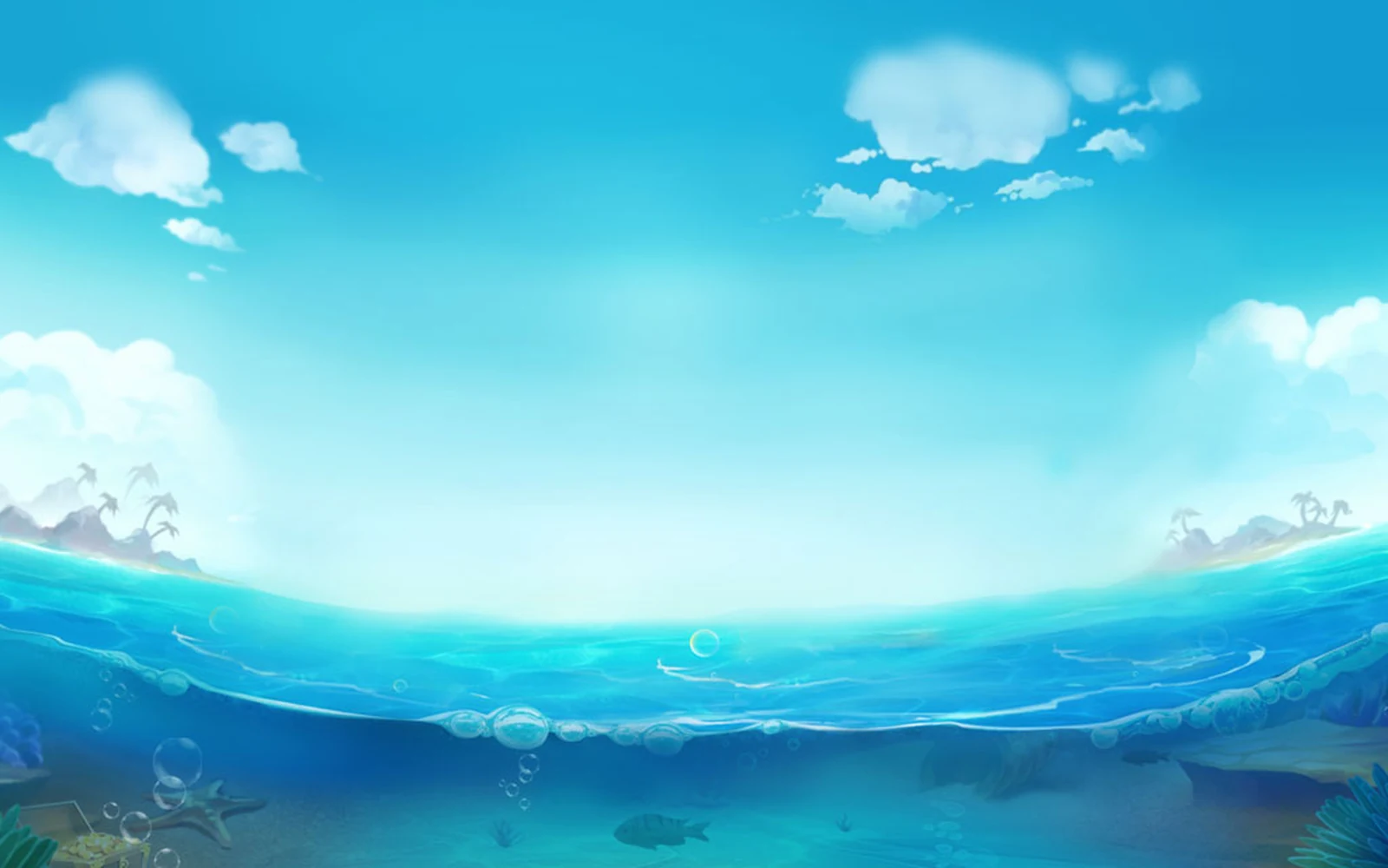 ฉากเกมยิงปลาใต้น้ำพร้อมเป้าหมายหลากหลายบนหน้าจอ